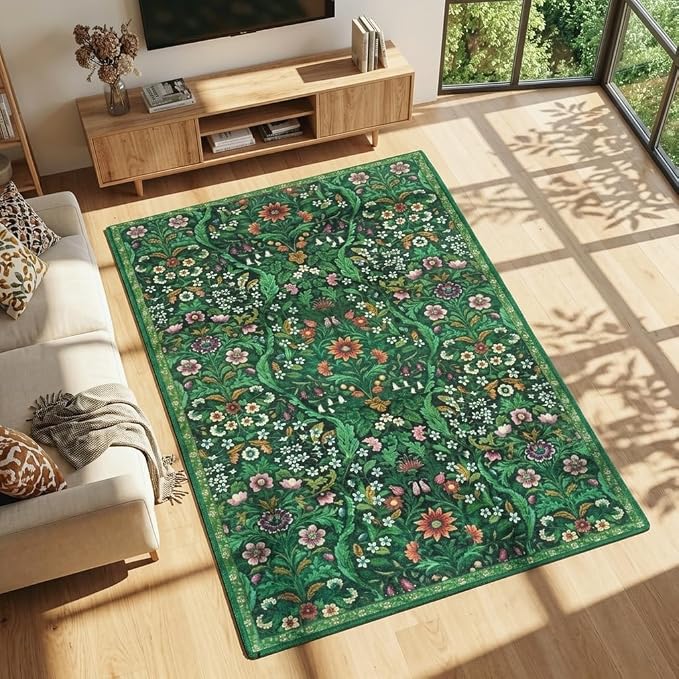 Dark Green Boho Rug 5x7, Living Room Vintage Non-Slip Rugs, Washable Floral Rug, Non-Slip Botanical Carpet for Bedroom Stain Resistant for Dining Room, Office, Home Decor