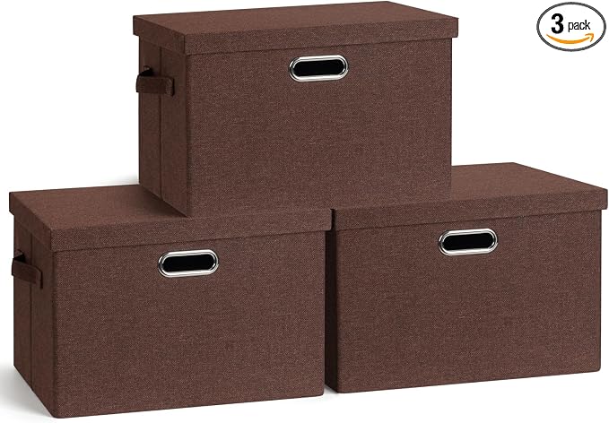 Storage Bins with Lids Fabric Closet Organizers Cubes Office Organization | 36 Quart 3 Pack Dark Red Collapsible Stackable Linen Fabric 4 Handles Bedroom Closet Cabinet Under Bed Clothes Toy Office