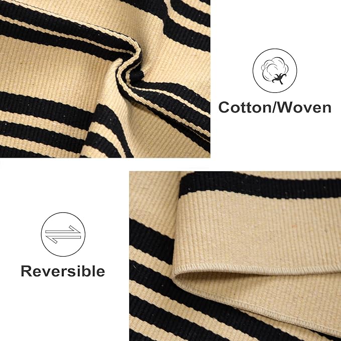 Black and Khaki Outdoor Rugs 3'x5', Washable Striped Porch Rugs Cotton Woven Indoor Outdoor Layered Door Mats Small Area Rug for Home Entrace Decor/Bedroom/Entryway