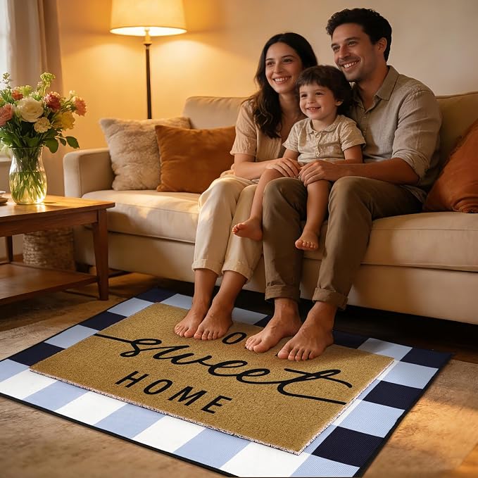Home Sweet Home Welcome Doormat Set, 2 Pack Layering Entry Rugs with Coir Loop Printed Mat and Buffalo Plaid Crystal Velvet Under Rug Home Sweet Front Door Doormat for Farmhouse Entryway Decor