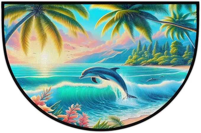 Palm Tree Half Round Rug Half Moon Door Mat Half Circle Rugs | Summer Animal Washable Non-Slip Semi Circle Rug Welcome Half Round Door Mat Indoor Entrance Kitchen Bedroom Living Room Decor