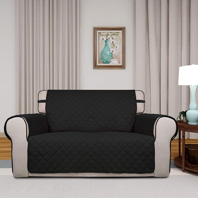 PureFit Reversible Quilted Sofa Cover, Water Resistant Slipcover Furniture Protector, Washable Couch Cover with Non Slip and Elastic Straps for Kids, Dogs, Pets (Loveseat, Black/Beige)