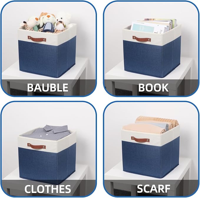 Temary Fabric Storage Bins for Cube Organizer 4 Pack Cube Storage Bins 13 Storage Cubes for Shelves Storage Baskets for Organizing Books, Clothes, Towels (White & Blue, 13x13x13 Inch)
