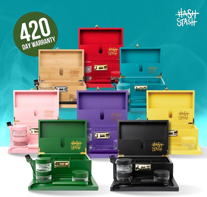 The OG Stash Storage Box - Large Bamboo Box with Combination Lock, Magnetic Lid, Organizer Tray, 3 Jars, Brush and Tube - Decorative Wooden Locked Storage Box with Accessories (Teal/Gold)