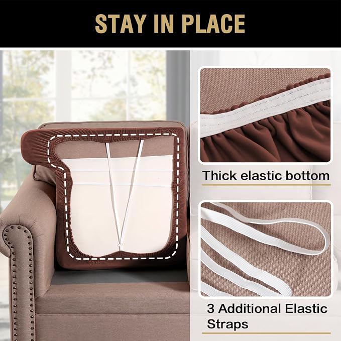 H.VERSAILTEX Stretch Velvet 3 Piece T Cushion Sofa Slipcovers for Living Room Individually Sofa Covers for 3 Cushion Seat Cushion Covers Stay with Elastic Bands (Sofa, Burnt Brick)