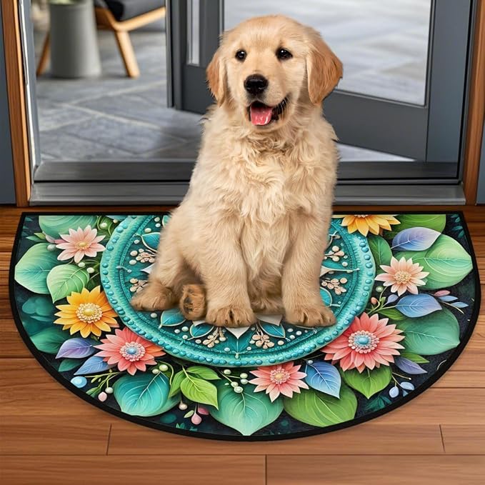 Ethnic Mandala Half Round Rug Half Moon Door Mat Half Circle Rugs | Flowers Green Washable Non-Slip Semi Circle Rug Welcome Half Round Door Mat Indoor Entrance Kitchen Bedroom Living Room Decor