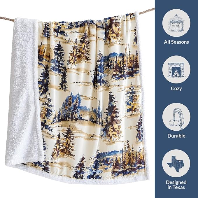 Indigo Hill by HiEnd Accents Acadia Sherpa Throw Blankets, Forest Pine Trees Nature Woodland Mountain Print Western Blanket for Camping Outdoor, Cabin Lodge Rustic Sherpa Fleece Blanket, 54x68 inch