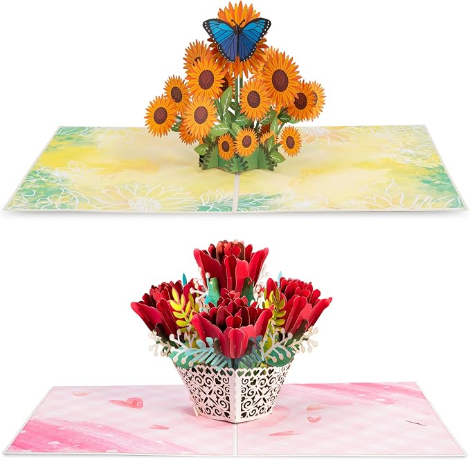Paper Love Pop Up Cards 2 Pack - Includes 1 Sunflowers and 1 Lovely Roses, For All Occasions, Mother Day, Birthday, Just Because- Includes Envelope and Note Tag