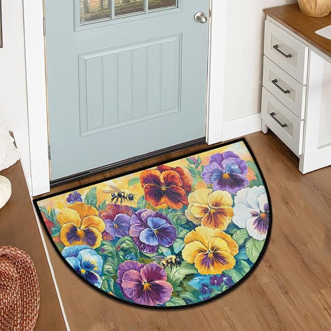 cfpolar Spring Retro Bee Flower Half Round Door Mat Indoor Entrance Half Circle Area Rug Semi Circular Door Mat Half Moon Rug for Floor Bathroom Living Room Bedroom Kitchen Fireplace 24"x36",A-07