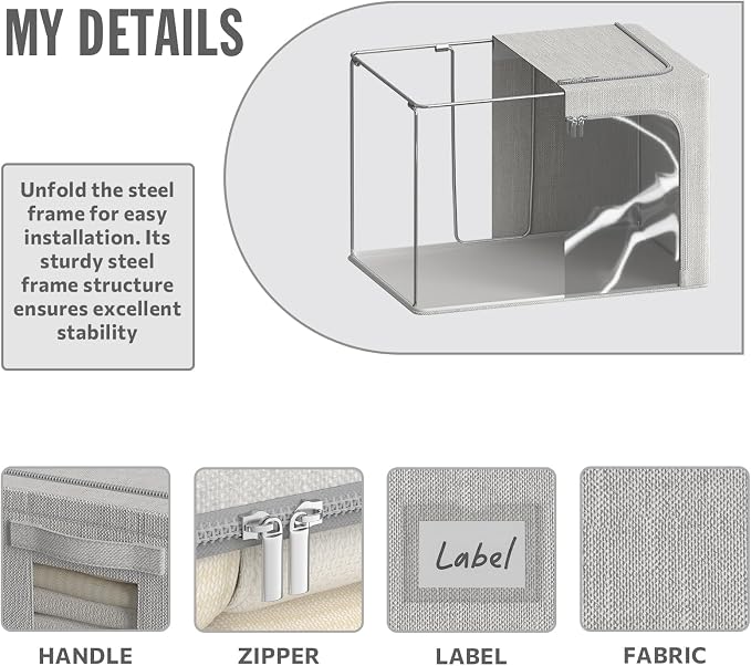 4 Pack Clothes Storage Bins with Metal Frame - 36L Stackable Storage Box with Lid，Foldable Storage Container Organizer for Clothes，Linen Fabric Storage Box with Clear Window＆Zippers＆Handles