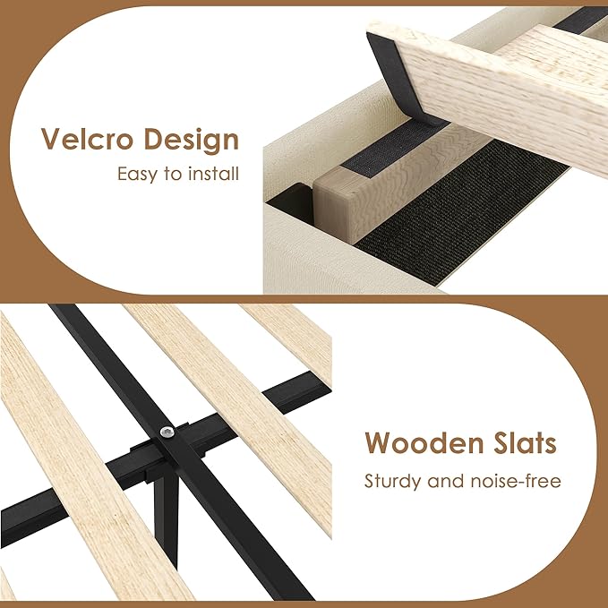 VECELO Queen Size Platform Bed Frame with Height Adjustable Upholstered Headboard, Modern Mattress Foundation,Strong Wood Slat Support, No Box Spring Needed, Easy Assembly,Beige