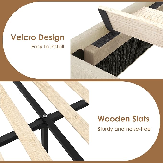 VECELO Full Size Upholstered Bed Frame with 4 Storage Drawers, Adjustable Velvet Rivet Decor Headboard, Wooden Slats Platform Support, No Box Spring Needed, Easy Assembly,Beige