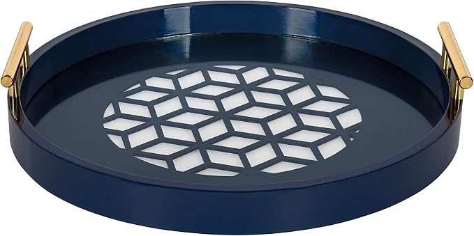 Kate and Laurel Caspen Round Cut Out Pattern Decorative Tray with Gold Metal Handles, 15.5", Navy and Gold
