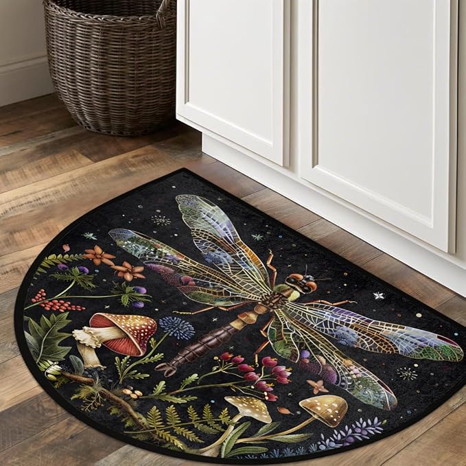 Dragonfly Half Round Door Mat Outdoor Doormat Bedroom Entrance Rug A10 | Dragonfly Mushroom Flower Semi Moon Door Mat Non-Slip Absorbent Kitchen Rug Indoor Welcome Bath Mat 36" X 24"