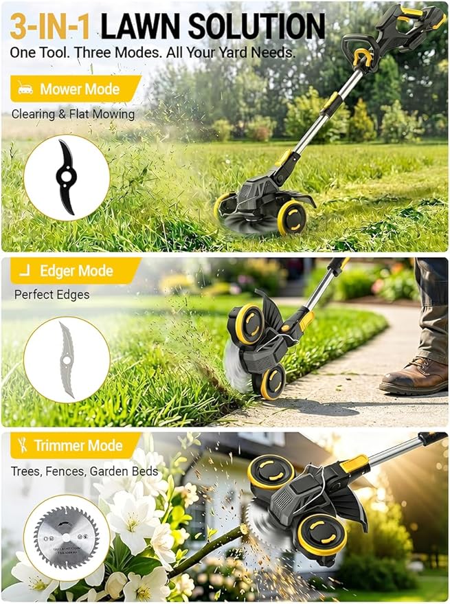 Brushless Cordless Weed Wacker, 4820 Gear Brushless Motor 20V Battery Powered Weed Eater, 3-in-1 Trimmer/Edger/Lawn Mower (5.2A Battery)