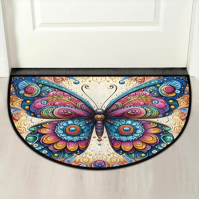 Colorful Butterfly Ethnic Half Round Mat Half Moon Door Rug Washable Durable Semi Circle Carpet Floor mats for Indoor Outdoor Bathroom Kitchen Patio Hearth Rug Laundry Room Home Decoration