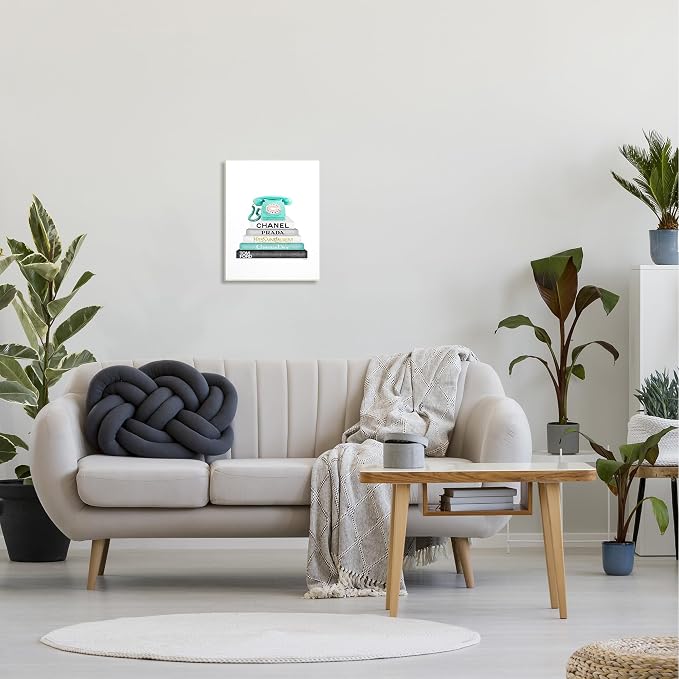 The Stupell Home Decor Grey Black Fashion Bookstack with Teal Phone Wall Plaque Art, 13 x 19, Multi-Color