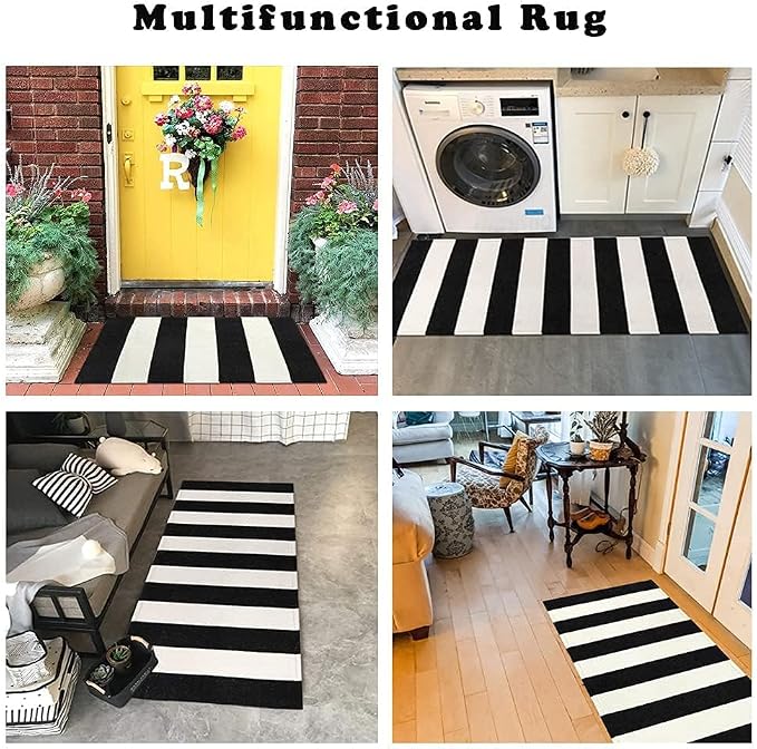 LEEVAN Black and White Striped Rug 2x3 Washable Welcome Go Away Door Mat | Cotton Woven Front Porch Rugs, Layered Door Mats Outdoor Door Mats, Farmhouse Doormat Door Mat Indoor Entrance Halloween Rug
