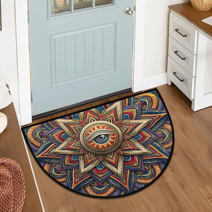 Mandala Half Round Door Mat Non Slip Half Circle Rugs | Colorful Eye Washable Half Moon Rug Semi Circle Rugs Indoor Entrance Floor Carpet for Kithen Bedroom Fireplace Decor