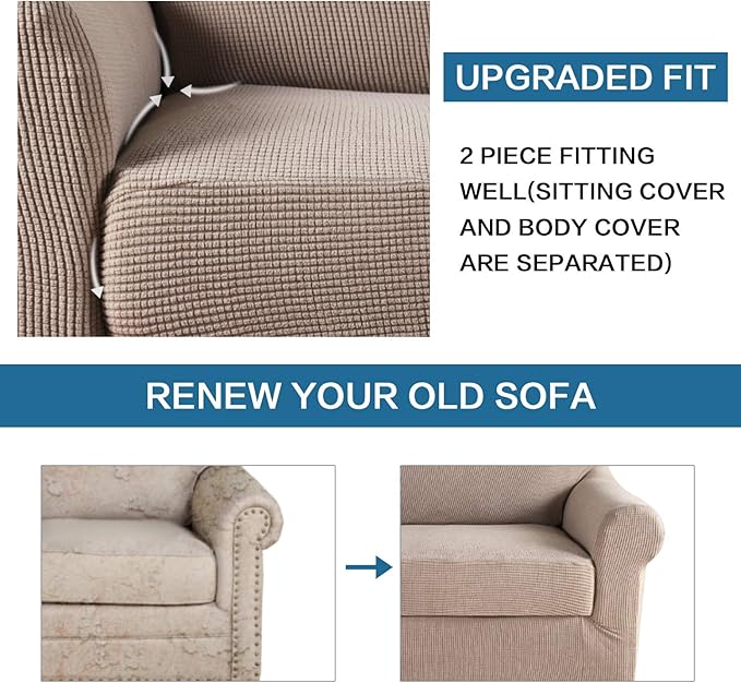 2 Piece Stretch Sofa Covers Couch Covers for Living Room Furniture Slipcovers (Base Cover Plus Seat Cushion Cover) Feature Upgraded Thicker Jacquard Fabric Removable Washable (Sofa, Sand)