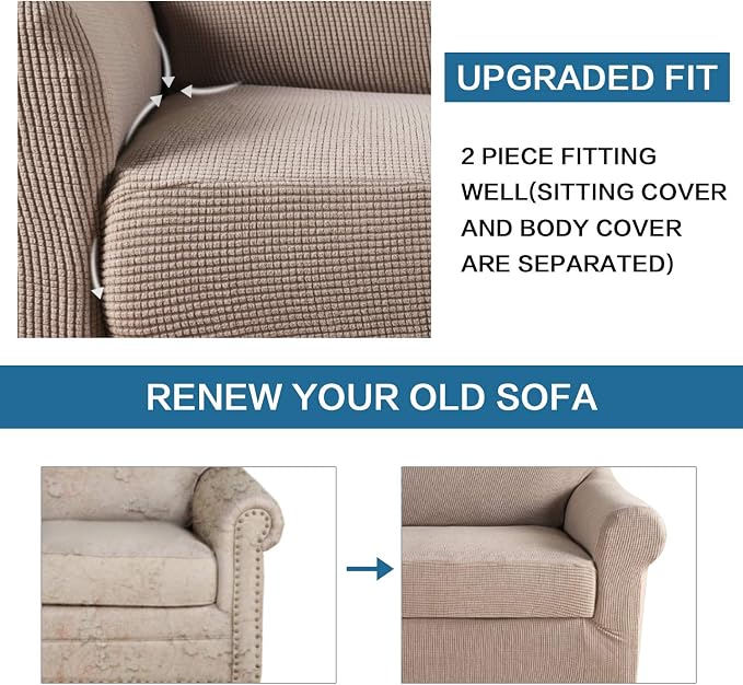 H.VERSAILTEX 2 Pieces Loveseat Covers Fit Lovesat Width Up to 70 Inch Furniture Cover/Protector, Jacquard Spandex Stretch Loveseat Slipcovers Suit for T Cushion/Box Cushion (Loveseat, Sand)