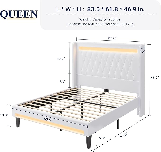 Allewie Queen Size Upholstered Bed Frame with LED & Charging Station, White | Customizable LED lights, charging station, tufted wingback headboard, noise-reducing support, and no box spring needed.