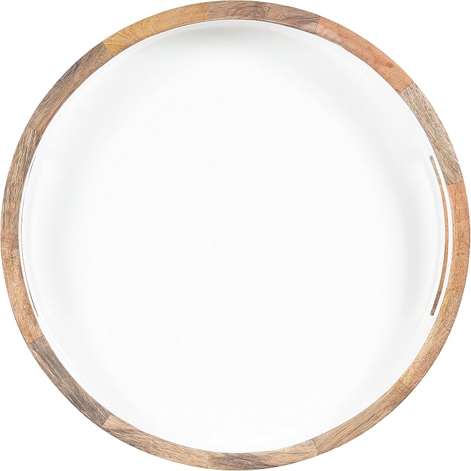 Kate and Laurel Ehrens Boho Wood Tray, 15 Inch Diameter, Natural and White, Round Accent Tray for Transitional Decor
