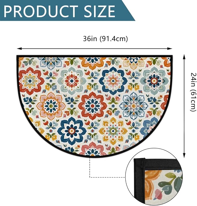 Bohemian Half Round Door Mat Outdoor Doormat Bedroom Entrance Rug A2 | Bohemian Flower Floral Semi Moon Door Mat Non-Slip Absorbent Kitchen Rug Indoor Welcome Bath Mat 36" X 24"