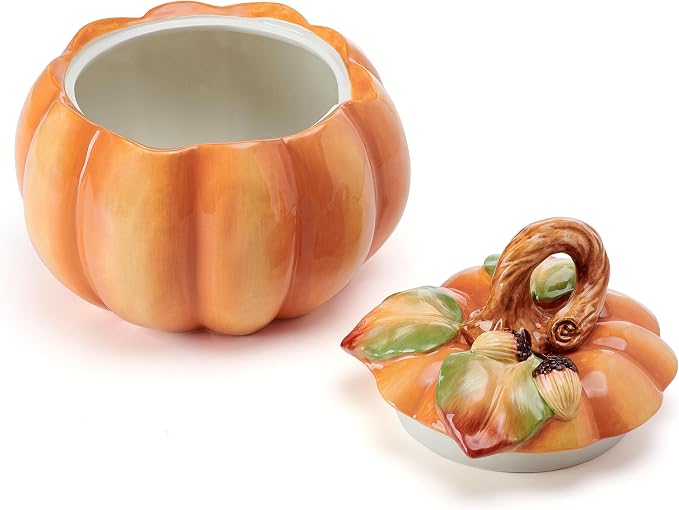 Fitz and Floyd Fall Harvest Pumpkin Cookie Jar Ceramic Figurine, 8 inch