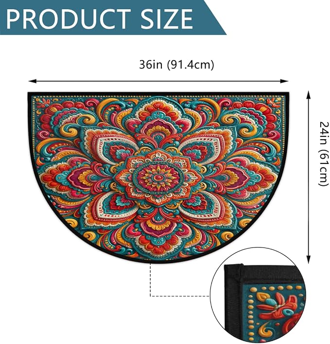 Flower Half Round Door Mat Semi Moon Rug Fireplace Carpet Area Rugs | Colorful Bohemia Non Slip Absorbent Half Circle Mat Carpet for Indoor Outdoor Patio Kitchen Bathroom Entryway Home Decor