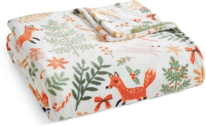Martha Stewart - Blanket, Incredibly Soft Throw Blanket for Couch or Bed, Printed Plush & Oversized Bedding (Holiday Woodland White, 60" x 70")