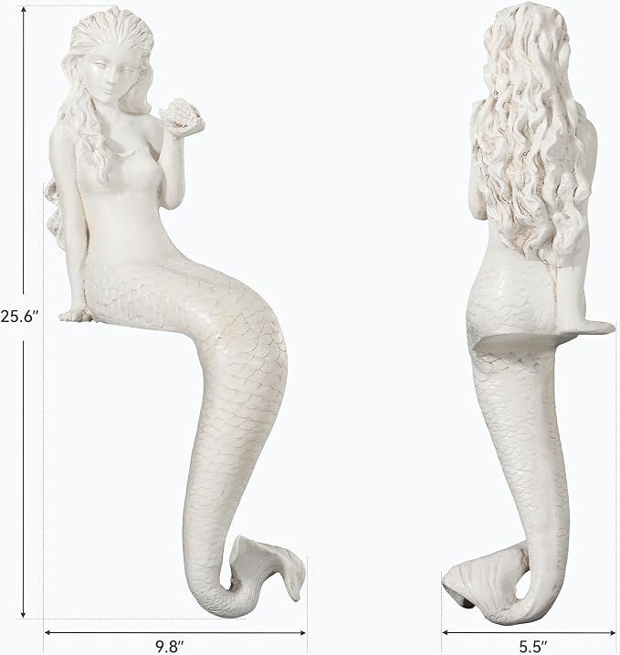 Large Mermaid Garden Statue, 25.6 in DIY Outdoor Sculpture Figurines | Pretty Lawn & Patio Decor, Antique White, Durable Weather-Resistant Finish Magnesium Oxide Stone
