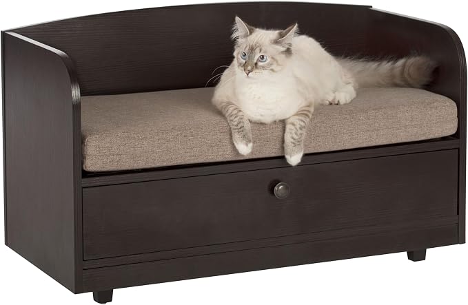 Paws & Purrs Cat Sofa Bed with Storage Drawer, Espresso Finish, 31.5″ x 15.75″ x 19.25″ | 3″ Foam Cushion with Washable Cover | Fits Dogs and Pets up to 50 lb
