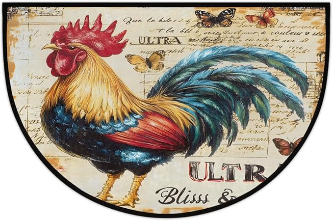 Rooster Animals Half Round Door Mat Non Slip Half Circle Rugs | Retro Art Washable Half Moon Rug Semi Circle Rugs Indoor Entrance Floor Carpet for Kithen Bedroom Fireplace Decor