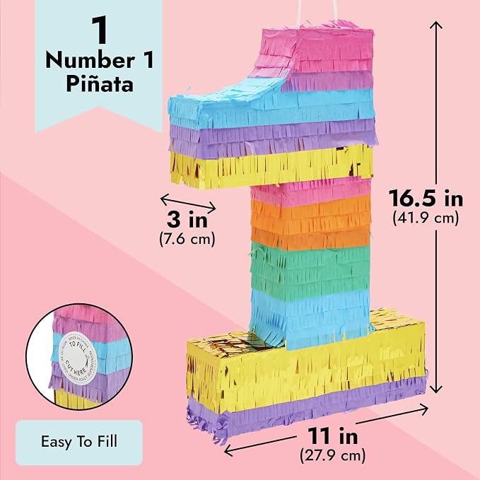 BLUE PANDA 1st Birthday Pinata - 16.5 x 11 x 3 In, Multicolor Corrugated Paper - Rainbow Pinata for 1st Birthday Decorations, Fiesta Party Decoration & Rainbow Party