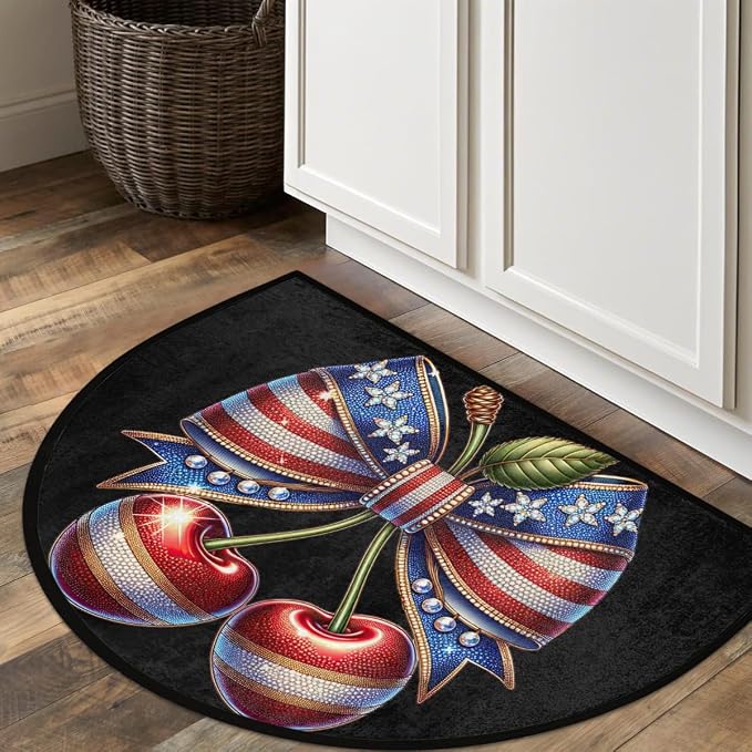 Cherry Flag Half Round Door Mat Non-Slip Semi Circle Rug Washable Half Moon Floor Rug Absorbent Bathroom Area Rugs for Outdoor Indoor Fireplace Mat Entryway Kitchen Decor Rugs