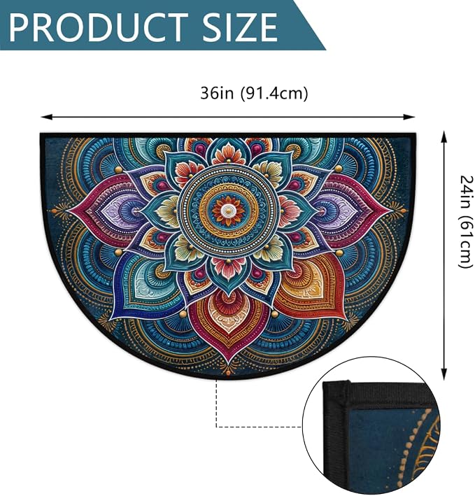 Flower Half Round Door Mat Semi Moon Rug Fireplace Carpet Area Rugs | Colorful Boho Non Slip Absorbent Half Circle Mat Carpet for Indoor Outdoor Patio Kitchen Bathroom Entryway Home Decor