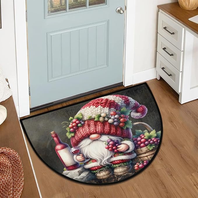 Gnome Wine Half Round Rug Half Moon Door Mat Half Circle Rugs | Grape Modern Washable Non-Slip Semi Circle Rug Welcome Half Round Door Mat Indoor Entrance Kitchen Bedroom Living Room Decor