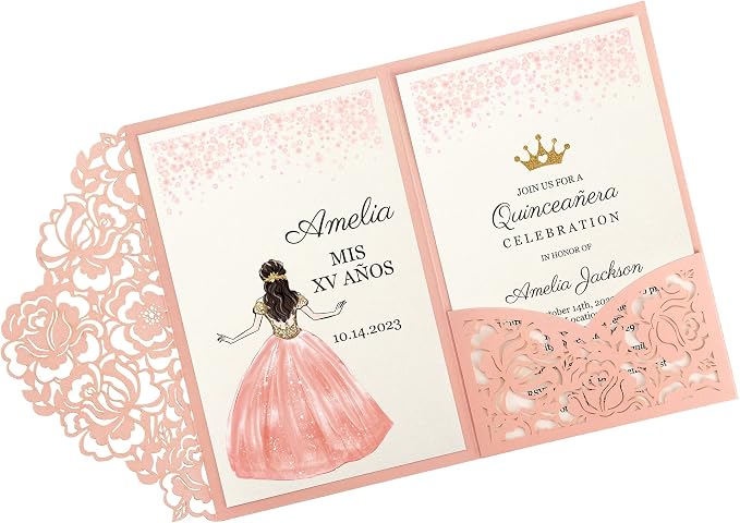 DORIS HOME 50Pcs Personalized Laser Cut Quinceanera Invitations, Pink | 4.7"x7.1", Customized Quince Invitations, For 15th Birthday, Sweet 16, With Envelopes