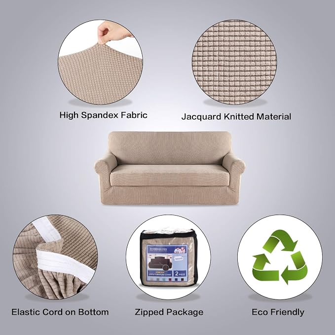 2 Piece Stretch Sofa Covers Couch Covers for Living Room Furniture Slipcovers (Base Cover Plus Seat Cushion Cover) Feature Upgraded Thicker Jacquard Fabric Removable Washable (Sofa, Sand)