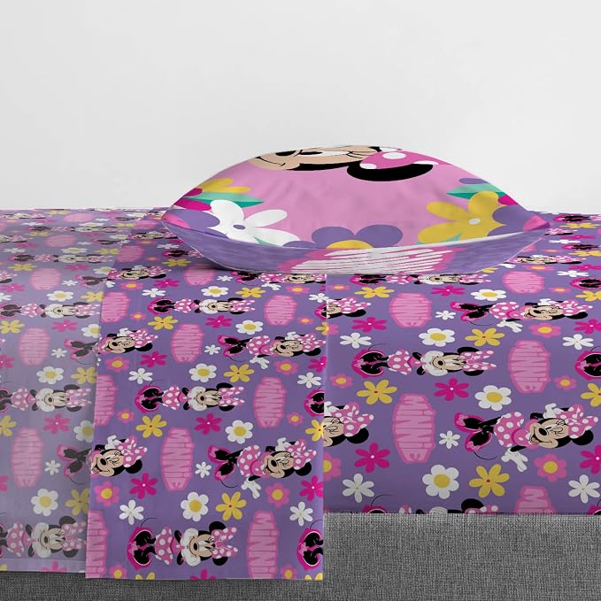 Jay Franco Kids Sheet Set with Fitted, Flat Sheets & Pillow Cover - Ultra-Soft Bedding with Pillowcase for Room Decor, Purple - Minnie Mouse, 3 Piece Twin