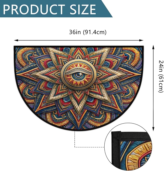 Mandala Half Round Door Mat Non Slip Half Circle Rugs | Colorful Eye Washable Half Moon Rug Semi Circle Rugs Indoor Entrance Floor Carpet for Kithen Bedroom Fireplace Decor