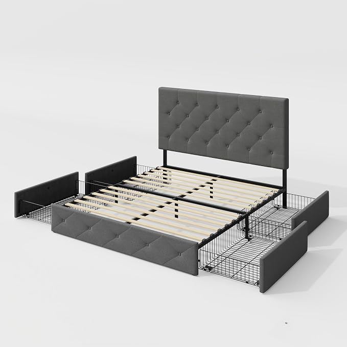 Allewie Upholstered Queen Size Platform Bed Frame with 4 Storage Drawers and Headboard, Diamond Stitched Button Tufted Mattress Foundation with Wooden Slats Support, Light Grey
