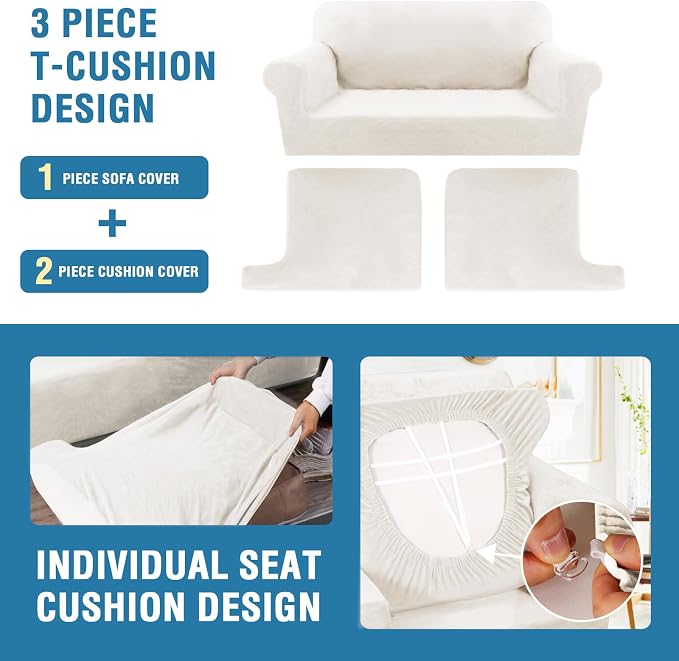 H.VERSAILTEX Sofa Cover 3 Piece T Cushion Sofa Slipcovers Thick Velvet Couch Cover Stretch T Cushion Sofa Covers for 2 Cushion Couch with 2 Individual T Cushion Covers, Porcelain White