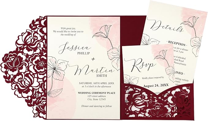DORIS HOME Laser Cut Wedding Invitation Pockets, Burgundy, 5"x7" | 50pcs, With Envelopes, For Wedding & Anniversary, No Inserts Included