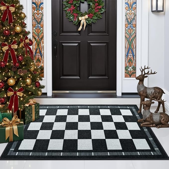 Vasofe Jute Checkered Rug, 2x3 Small Entry Rug, Outdoor Doormat, Indoor Mat | Washable Front Door Mat Kitchen Rug Non Slip Area Rugs, Farmhouse Low Pile Carpet for Entryway Porch, Black and White
