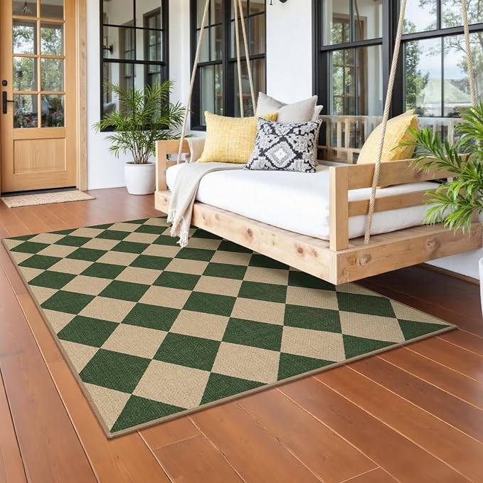 Lessymo Checkered 3x5 Outdoor Patio Rug, Washable Easy Jute for Entryway | Indoor Outdoor Living Room Carpet, Farmhouse Non Slip Door Mat for Backyard Bedroom, Kid Pet Friendly, Diamond Green/Beige