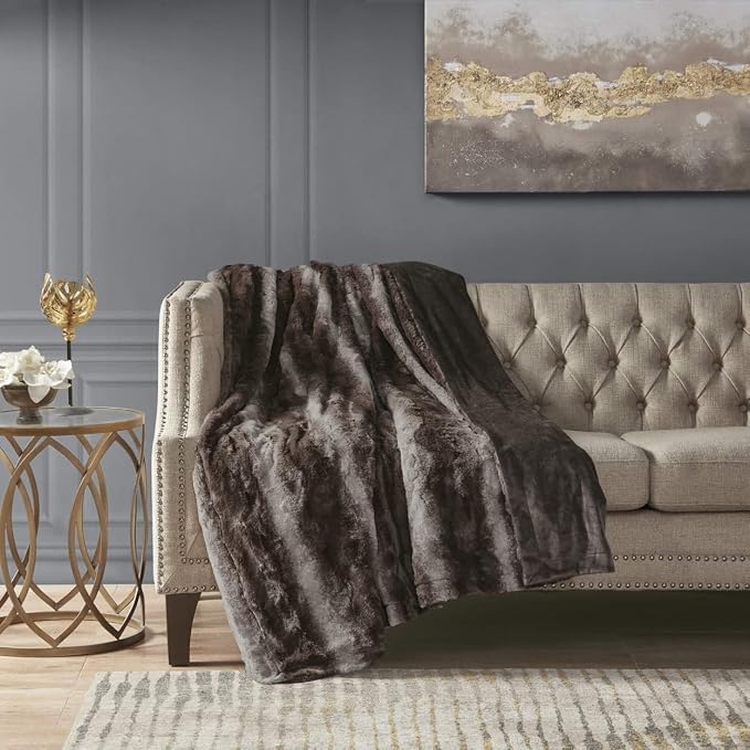 Madison Park Zuri Faux Fur Reversible Throw Blanket, 50 x 60 in, Brown | Oversized Soft Plush, Luxury, Animal Stripes, Mink Reverse, Modern, All Season, for Bed Sofa Couch, OEKO-TEX Certified