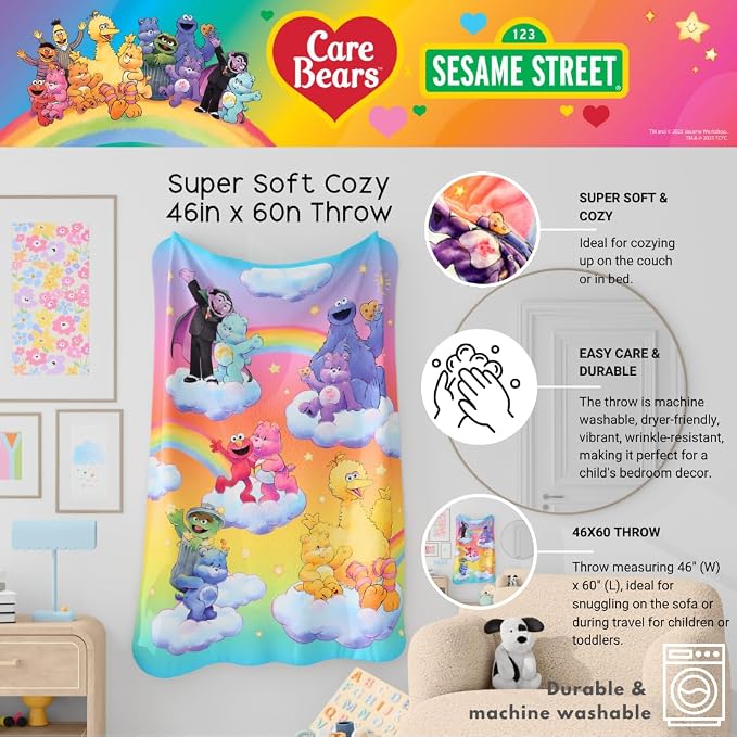 Care Bears x Sesame Street Nostalgic Kids Bedding Super Soft Cozy Plush Throw, 46 in x 60 in, (Officially Licensed Product) by Franco