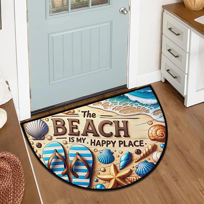 Beach Shell Sea Half Round Door Mat Non-Slip Semi Circle Rug Washable Half Moon Floor Rug Absorbent Bathroom Area Rugs for Outdoor Indoor Fireplace Mat Entryway Kitchen Decor Rugs